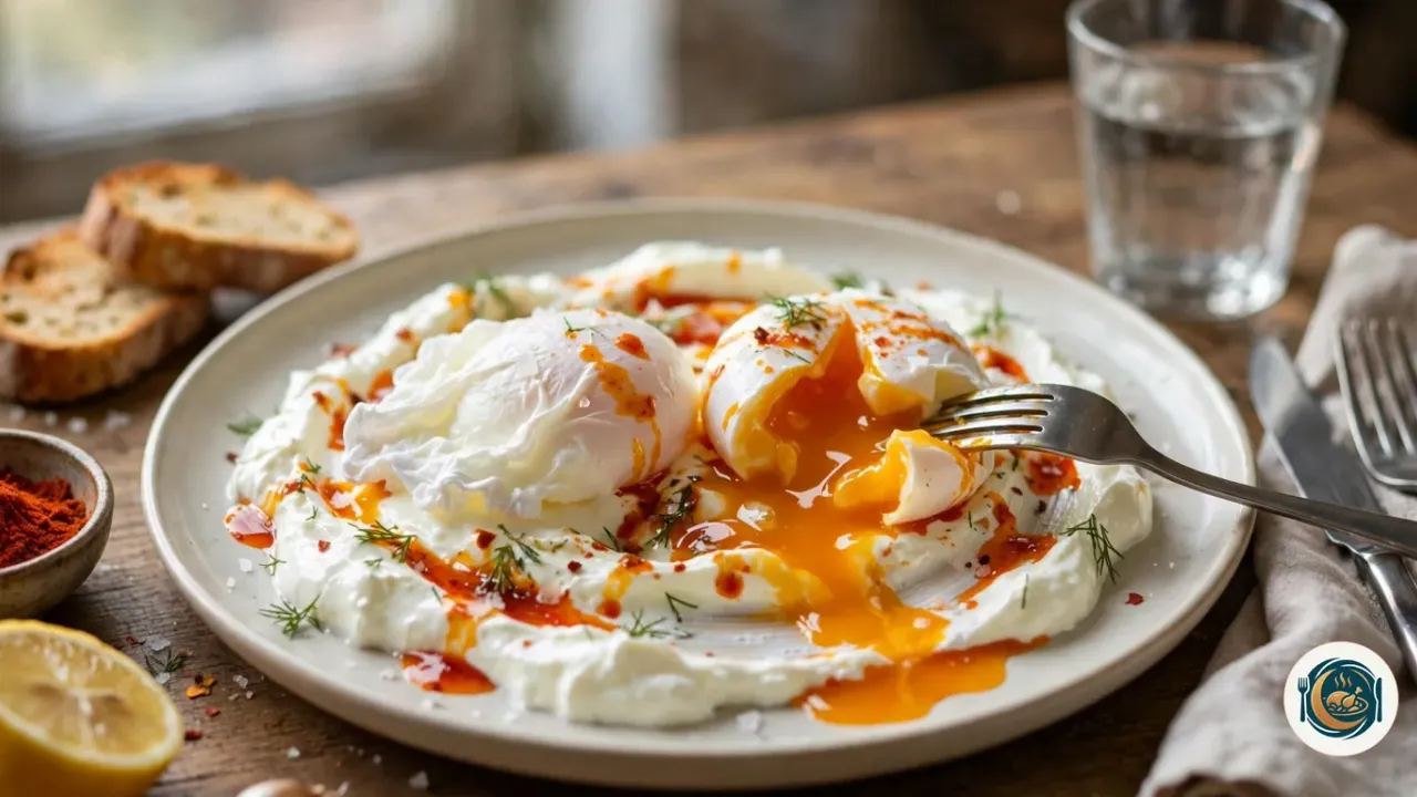 Huevos turcos escalfados sobre yogur con mantequilla de pimentón y eneldo