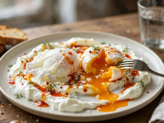 Huevos turcos escalfados sobre yogur con mantequilla de pimentón y eneldo