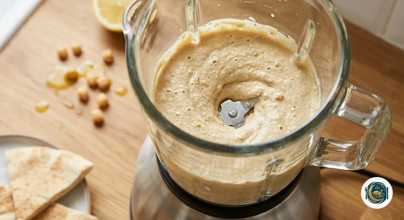 Hummus recién triturado en el vaso de la batidora