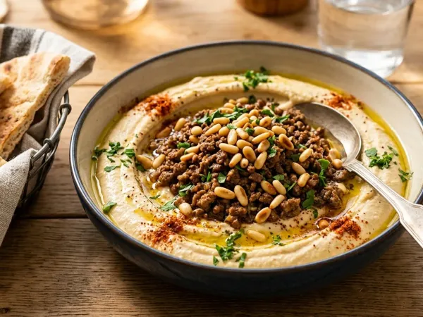 Plato hondo de hummus caliente con ternera especiada, piñones tostados, perejil y aceite de oliva