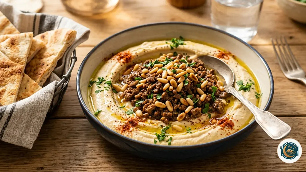 Plato hondo de hummus caliente con ternera especiada, piñones tostados, perejil y aceite de oliva