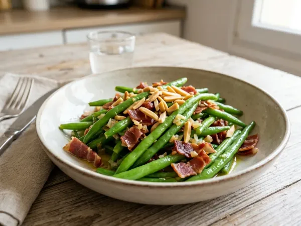 Plato de judías verdes salteadas con taquitos de jamón serrano y almendras