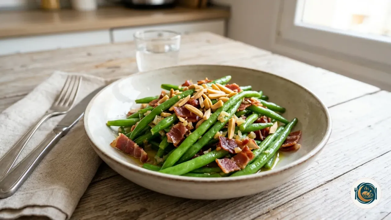 Plato de judías verdes salteadas con taquitos de jamón serrano y almendras