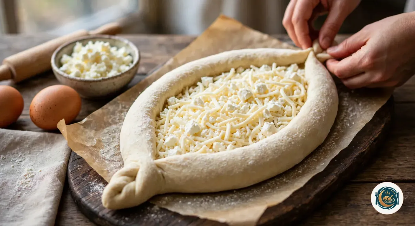 Manos retorciendo la punta de una barca de masa cruda rellena de queso