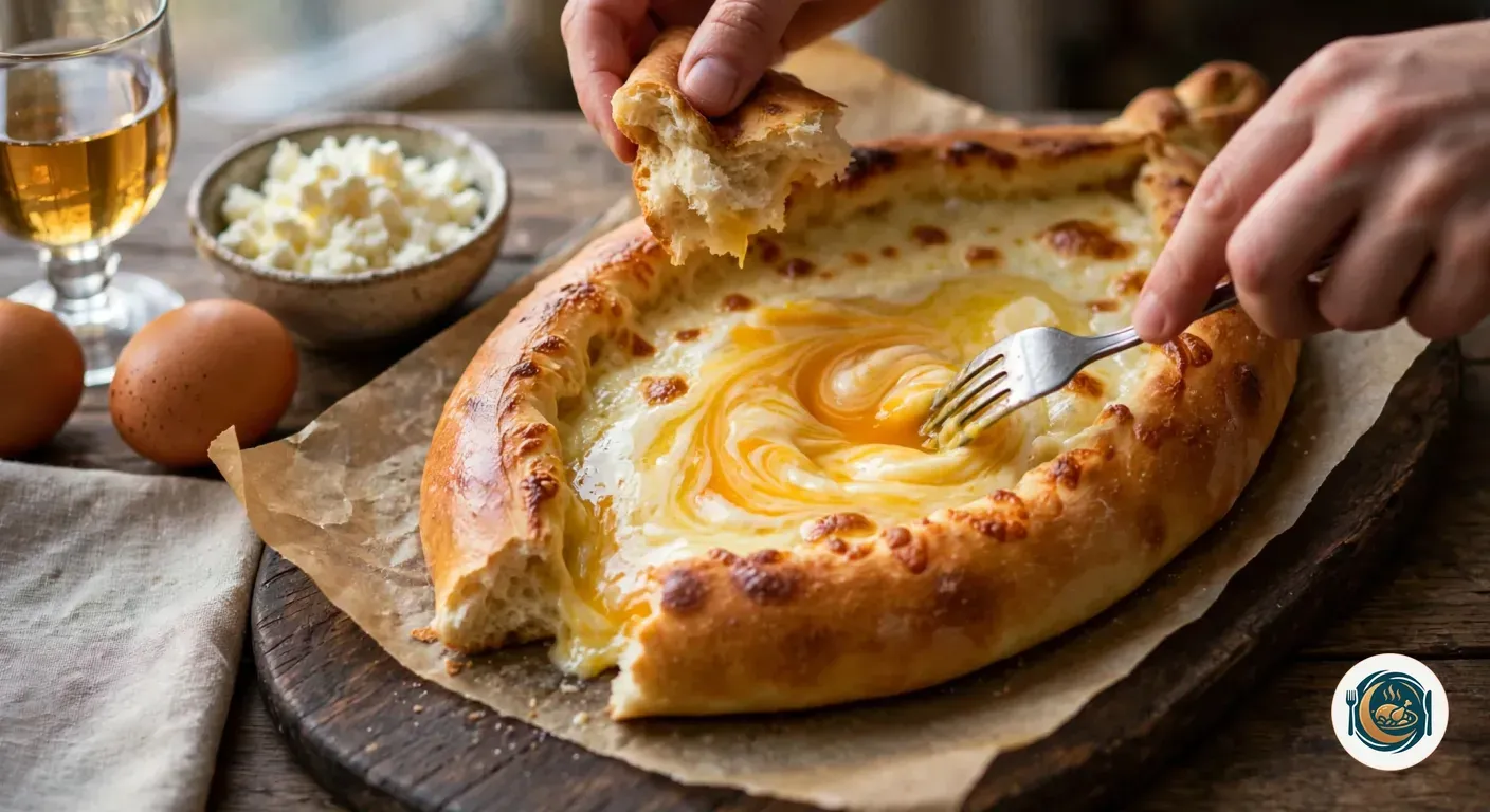 Tenedor mezclando la yema con el queso mientras una mano arranca la punta del pan