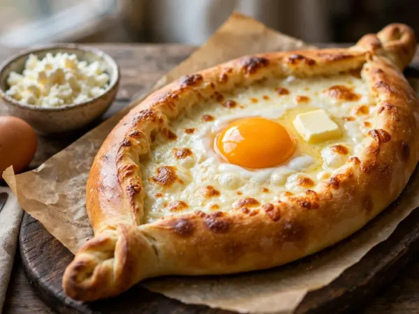 Khachapuri adjaruli con queso fundido, yema de huevo y mantequilla