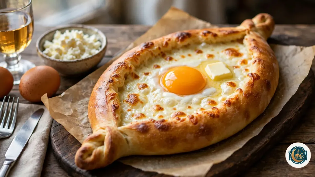 Khachapuri adjaruli con queso fundido, yema de huevo y mantequilla