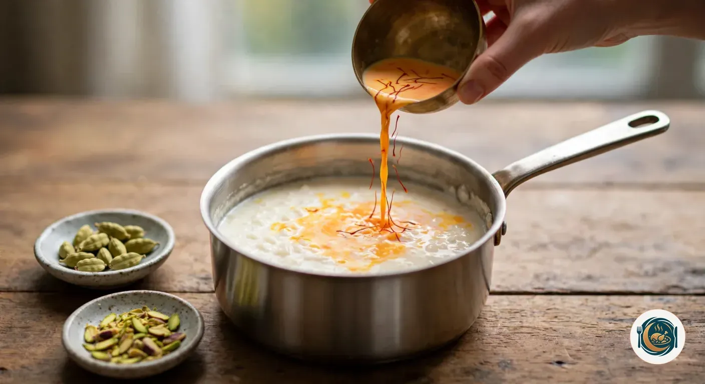 Mano vertiendo leche con azafrán desde un cuenco de latón sobre el kheer, junto a cardamomo y pistachos