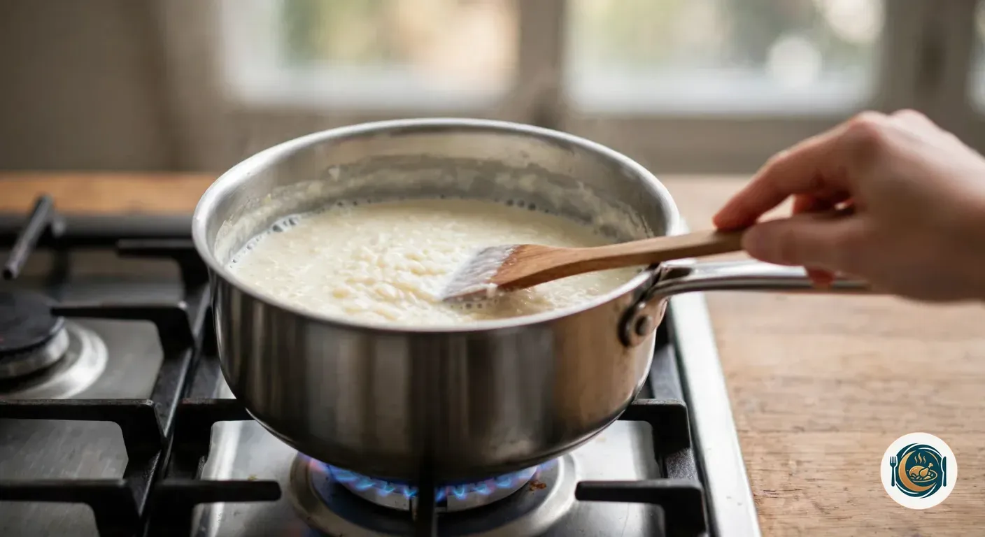 Mano removiendo con una espátula de madera arroz cociéndose en leche, en un cazo de acero a fuego suave