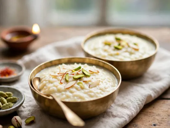 Dos cuencos de latón con kheer cremoso, hebras de azafrán, pistachos y almendras, junto a vainas de cardamomo y una lámpara de aceite encendida
