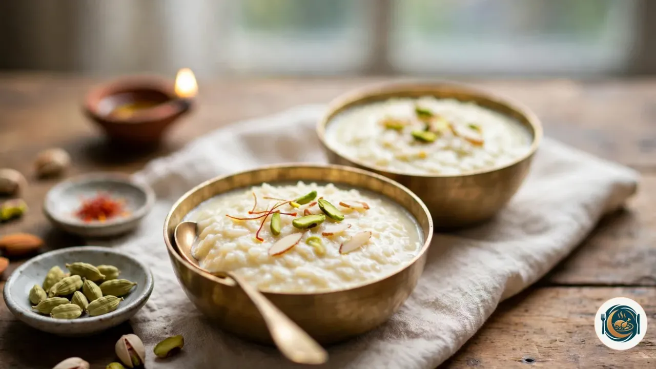 Dos cuencos de latón con kheer cremoso, hebras de azafrán, pistachos y almendras, junto a vainas de cardamomo y una lámpara de aceite encendida