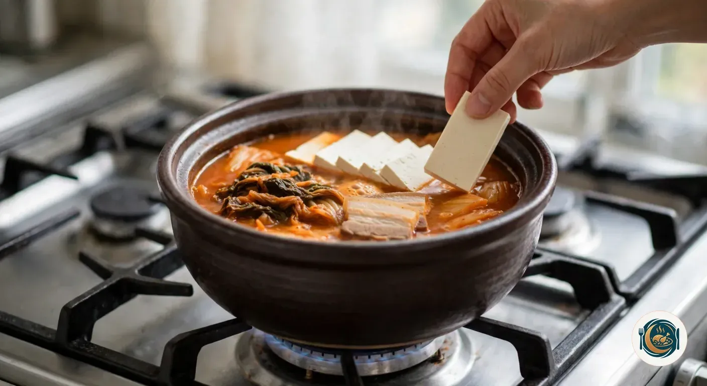 Mano colocando lonchas de tofu blanco sobre el kimchi jjigae rojo que hierve en la cazuela de barro
