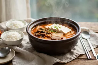 Cazuela de barro con kimchi jjigae rojo humeante, con lonchas de tofu, panceta y cebolleta, junto a dos cuencos de arroz blanco y un plato de kimchi