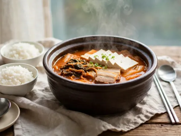 Cazuela de barro con kimchi jjigae rojo humeante, con lonchas de tofu, panceta y cebolleta, junto a dos cuencos de arroz blanco y un plato de kimchi
