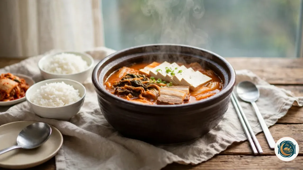 Cazuela de barro con kimchi jjigae rojo humeante, con lonchas de tofu, panceta y cebolleta, junto a dos cuencos de arroz blanco y un plato de kimchi