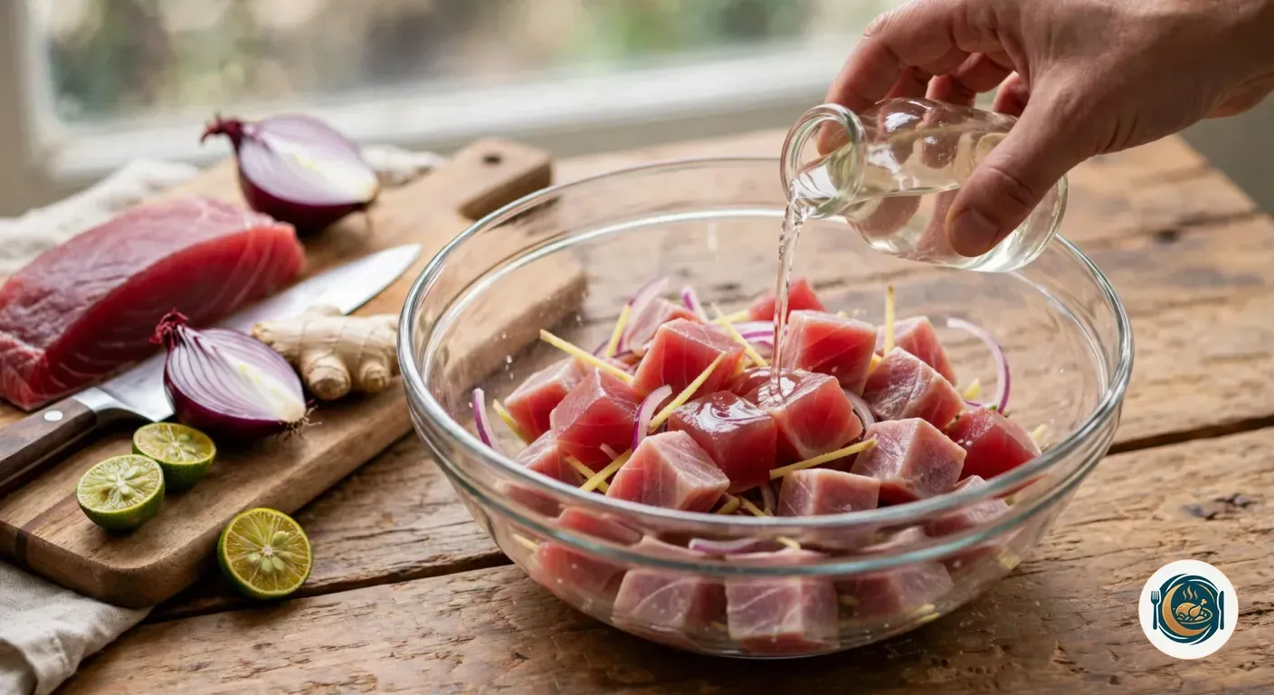 Mano vertiendo vinagre sobre dados de atún crudo con cebolla roja y jengibre en un bol de cristal, junto a una tabla con atún y limas