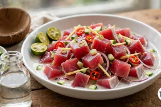 Cuenco blanco de kinilaw con dados de atún crudo, cebolla roja, jengibre, guindilla y pepino en leche de coco, junto a limas partidas y media cáscara de coco