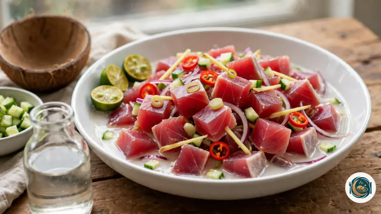 Cuenco blanco de kinilaw con dados de atún crudo, cebolla roja, jengibre, guindilla y pepino en leche de coco, junto a limas partidas y media cáscara de coco