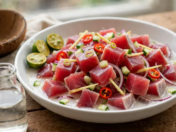Cuenco blanco de kinilaw con dados de atún crudo, cebolla roja, jengibre, guindilla y pepino en leche de coco, junto a limas partidas y media cáscara de coco