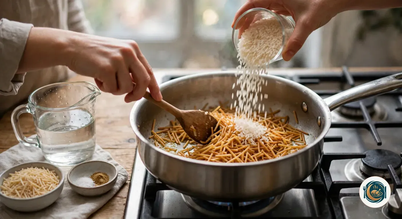 Mano echando arroz sobre fideos tostados en un cazo, junto a una cuchara de madera