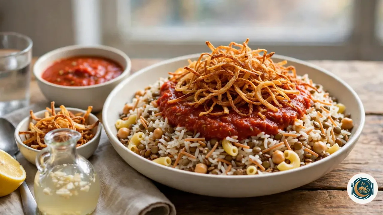 Koshari egipcio con arroz, lentejas, macarrones, garbanzos, salsa de tomate y cebolla frita