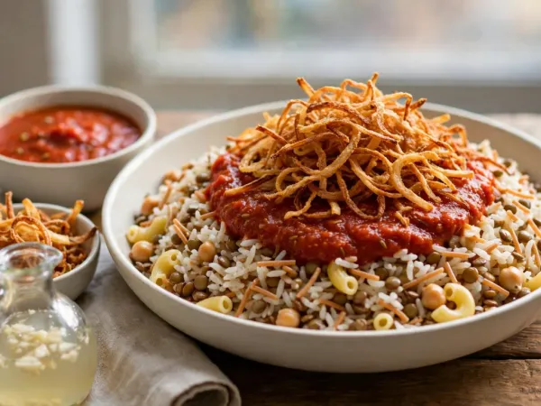 Koshari egipcio con arroz, lentejas, macarrones, garbanzos, salsa de tomate y cebolla frita