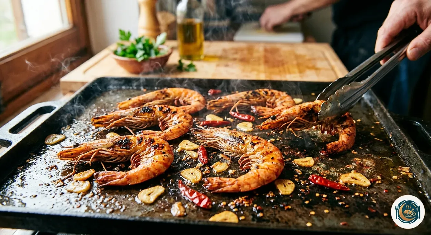 Langostinos dorándose en una plancha caliente con ajo laminado y guindilla