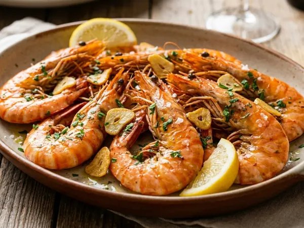 Langostinos a la plancha dorados con ajo laminado, perejil y limón en una fuente