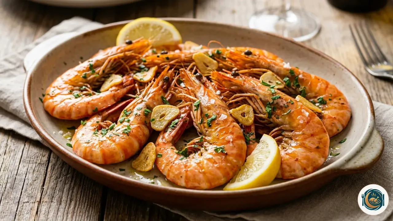 Langostinos a la plancha dorados con ajo laminado, perejil y limón en una fuente