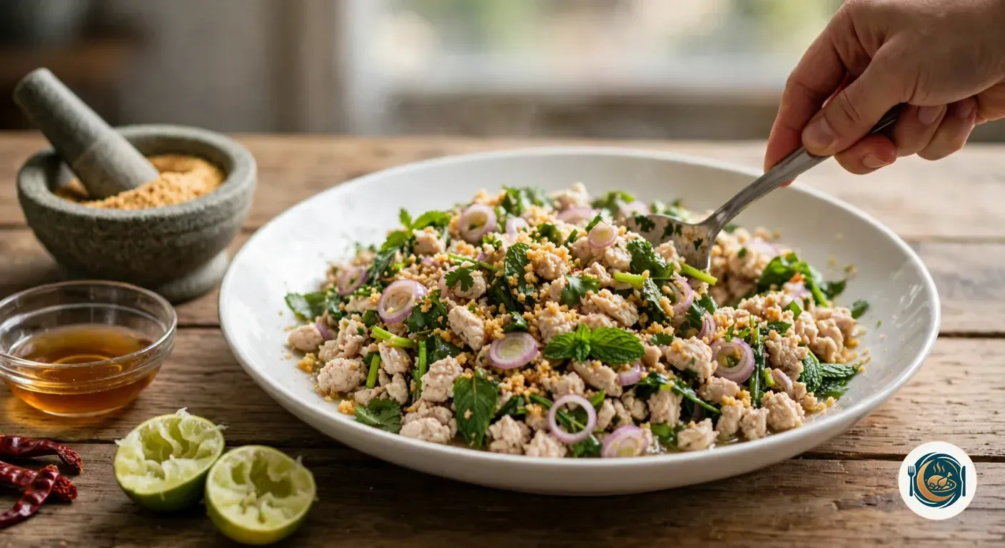 Mano mezclando con una cuchara pollo cocido, chalota, hierbabuena, cilantro y arroz tostado en una fuente blanca