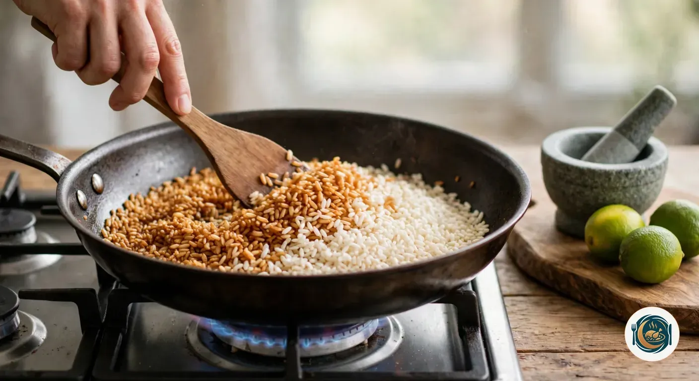 Mano removiendo con una espátula de madera granos de arroz tostándose en una sartén sin aceite