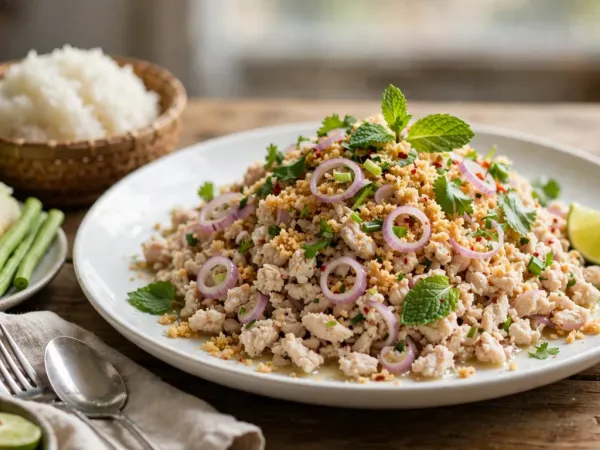 Larb de pollo con hierbabuena, cilantro, chalota y arroz tostado, junto a arroz glutinoso en una cesta y verduras frescas