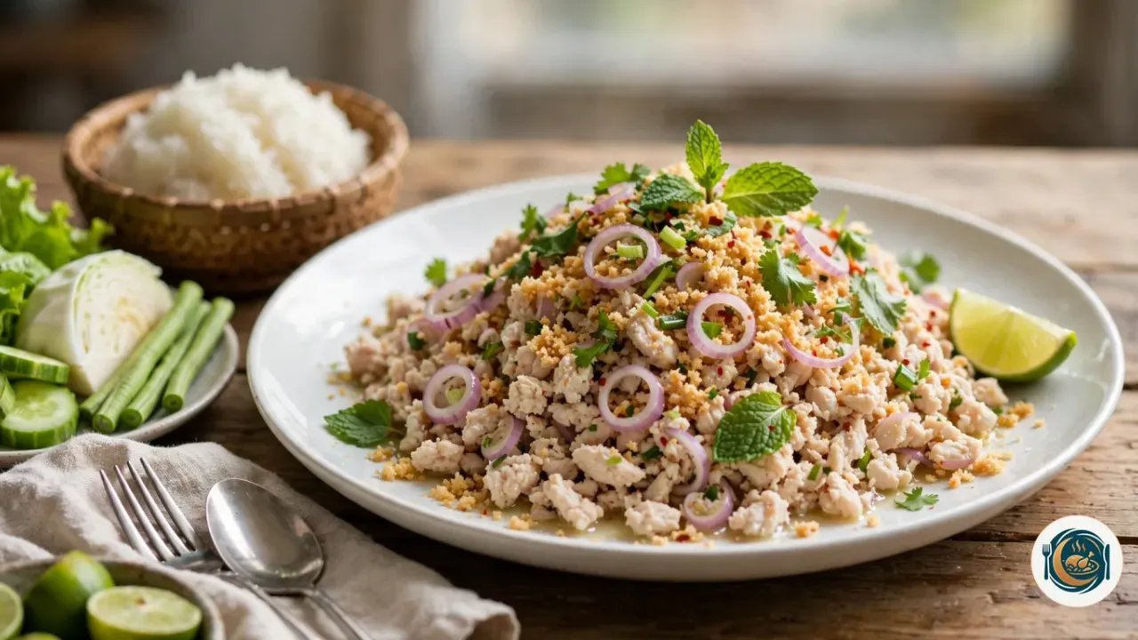Larb de pollo con hierbabuena, cilantro, chalota y arroz tostado, junto a arroz glutinoso en una cesta y verduras frescas