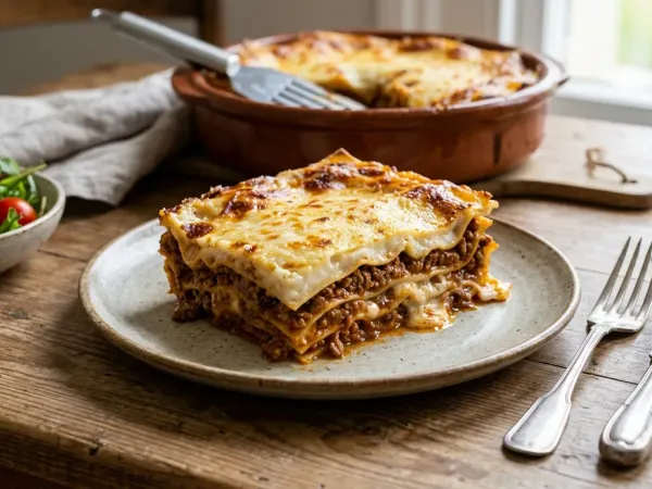 Porción de lasaña de carne con bechamel gratinada servida en un plato