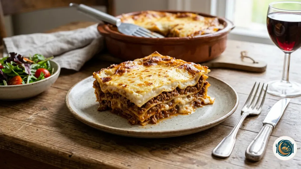 Porción de lasaña de carne con bechamel gratinada servida en un plato