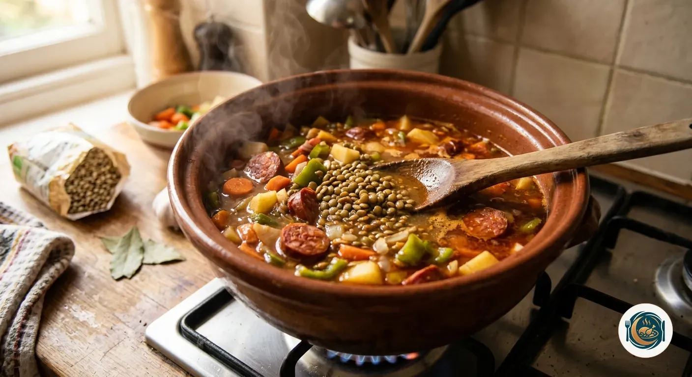 Lentejas estofadas cociendo en una olla con chorizo y verduras