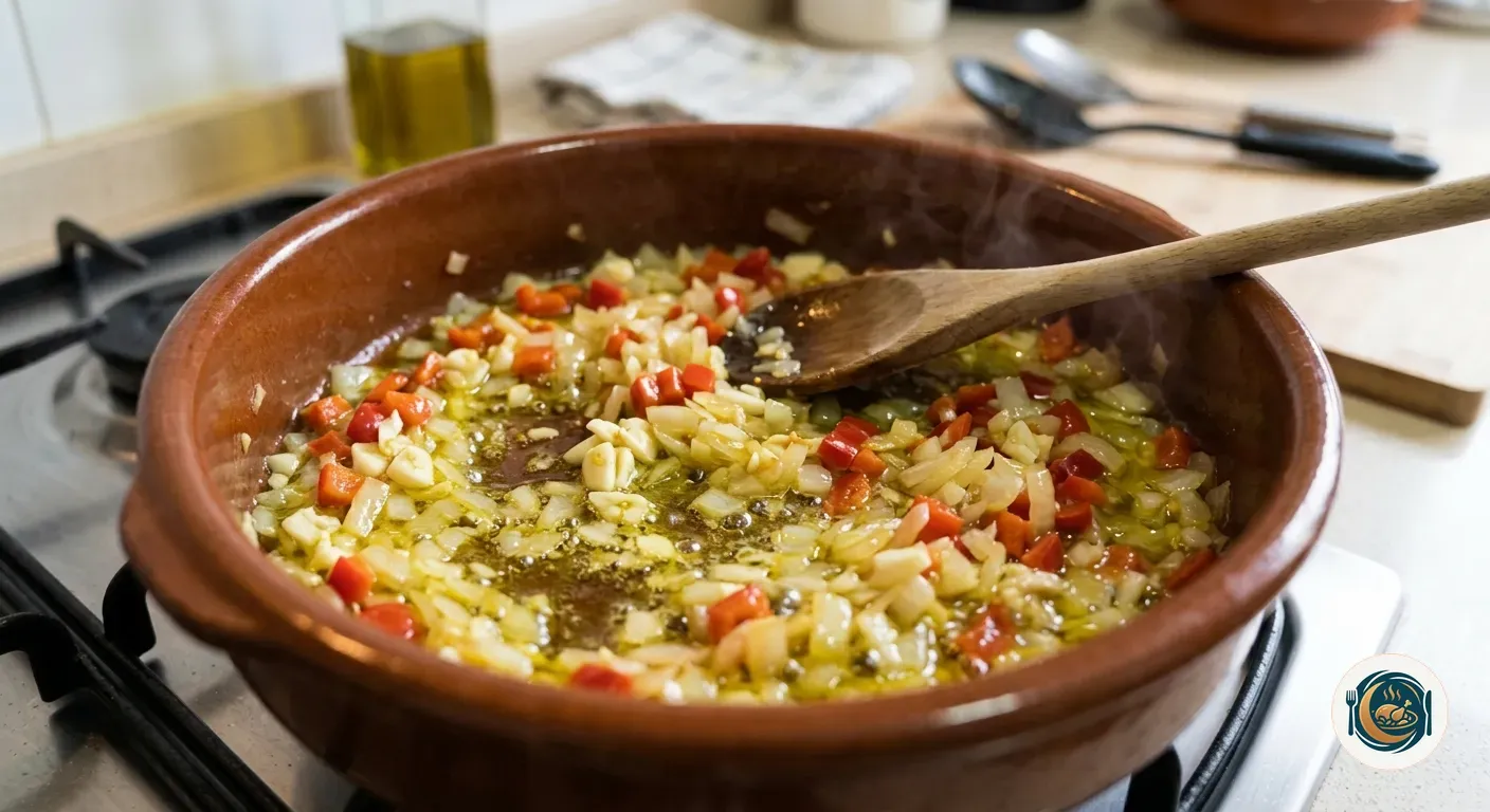 Sofrito de cebolla, ajo y pimiento rojo en una olla con aceite de oliva