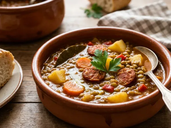 Plato de lentejas estofadas con chorizo, zanahoria y patata