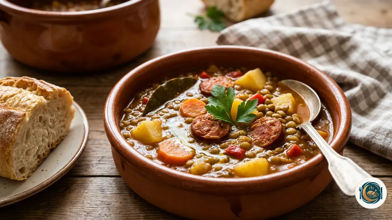 Plato de lentejas estofadas con chorizo, zanahoria y patata