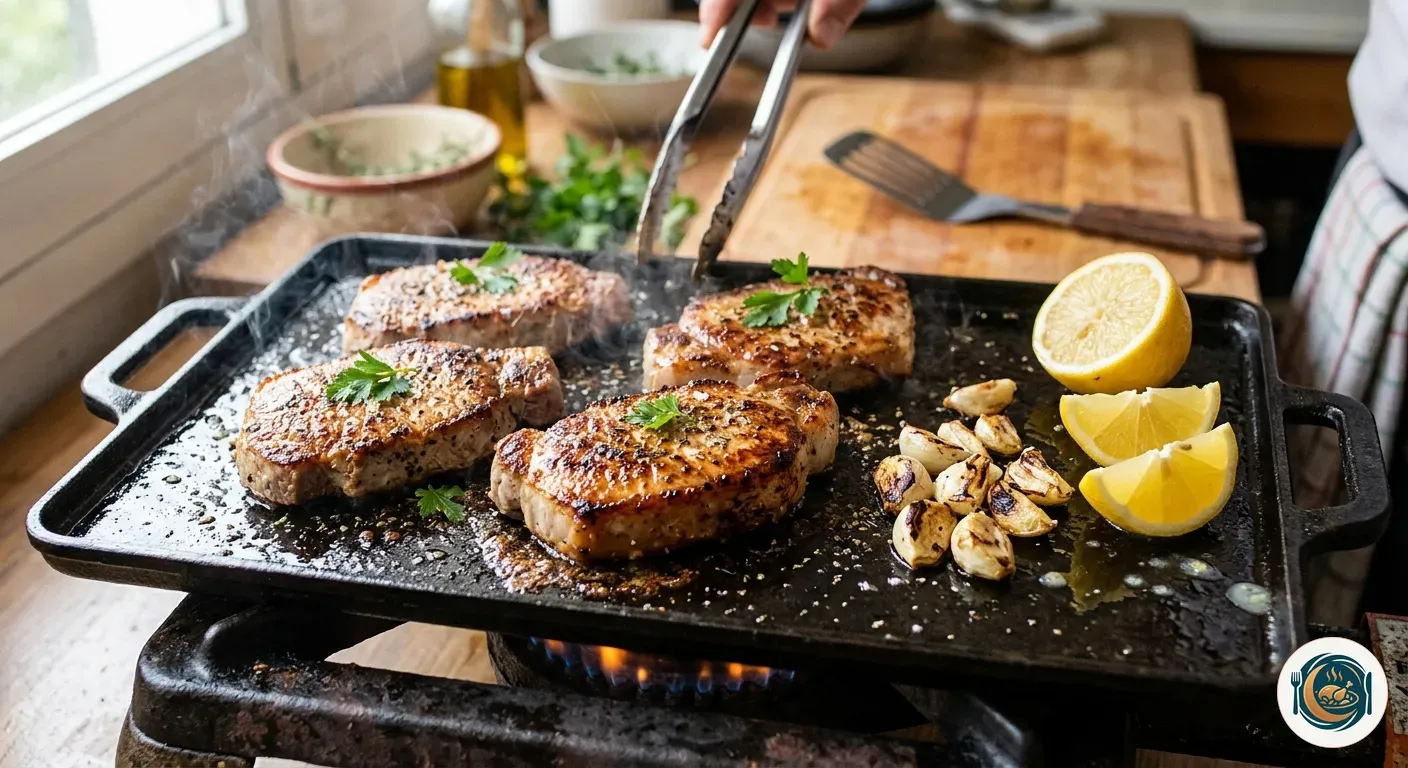 Filetes de lomo de cerdo dorándose en una plancha caliente con ajo y limón al lado