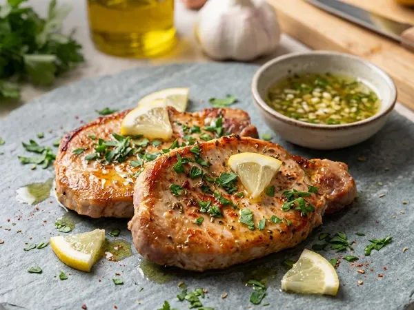 Filetes de lomo de cerdo a la plancha dorados con ajo y perejil servidos en un plato blanco