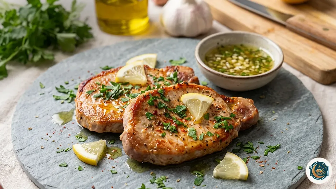 Filetes de lomo de cerdo a la plancha dorados con ajo y perejil servidos en un plato blanco