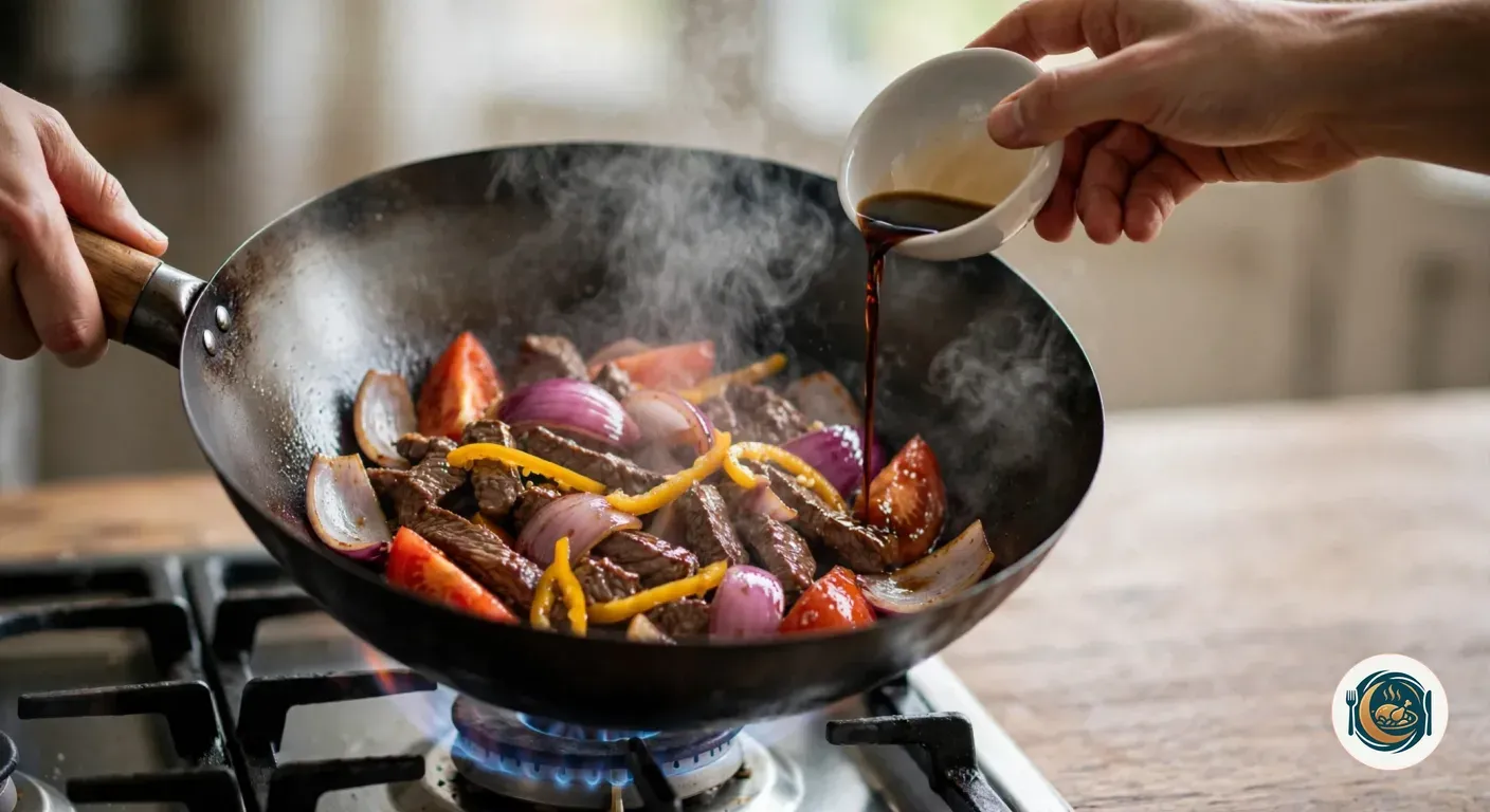 Mano vertiendo salsa de soja sobre el lomo saltado en el wok