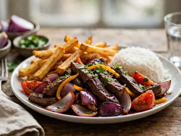 Plato de lomo saltado con patatas fritas, arroz blanco y cilantro