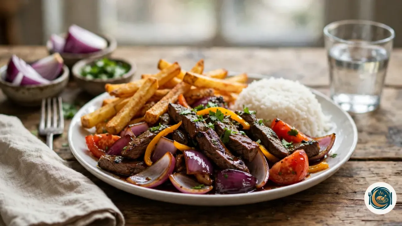 Plato de lomo saltado con patatas fritas, arroz blanco y cilantro