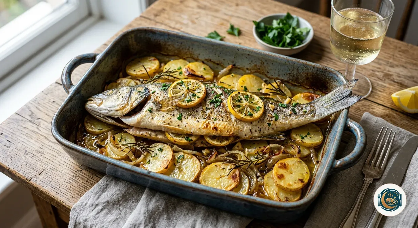 Lubina al horno dorada sobre rodajas de patata y cebolla en una bandeja