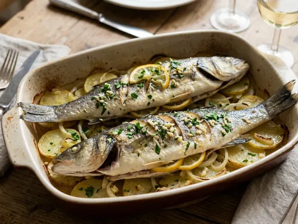 Lubina al horno entera sobre una cama de patatas con limón y perejil