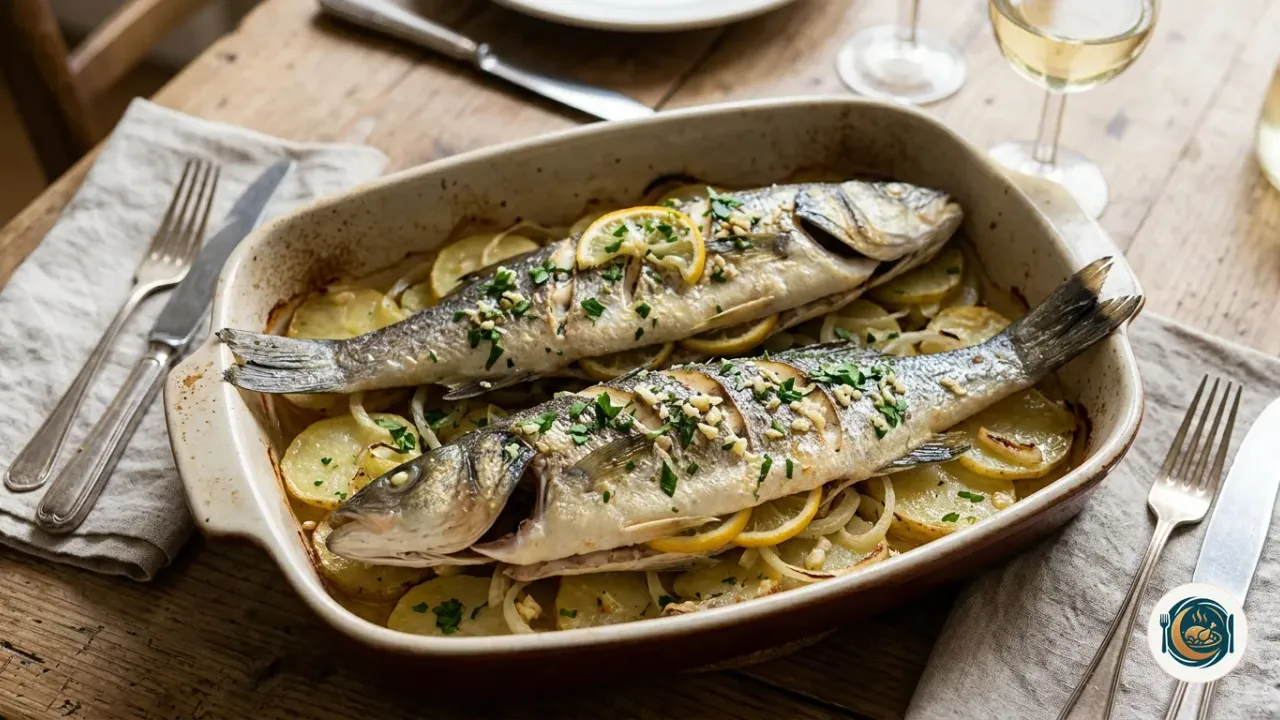 Lubina al horno entera sobre una cama de patatas con limón y perejil
