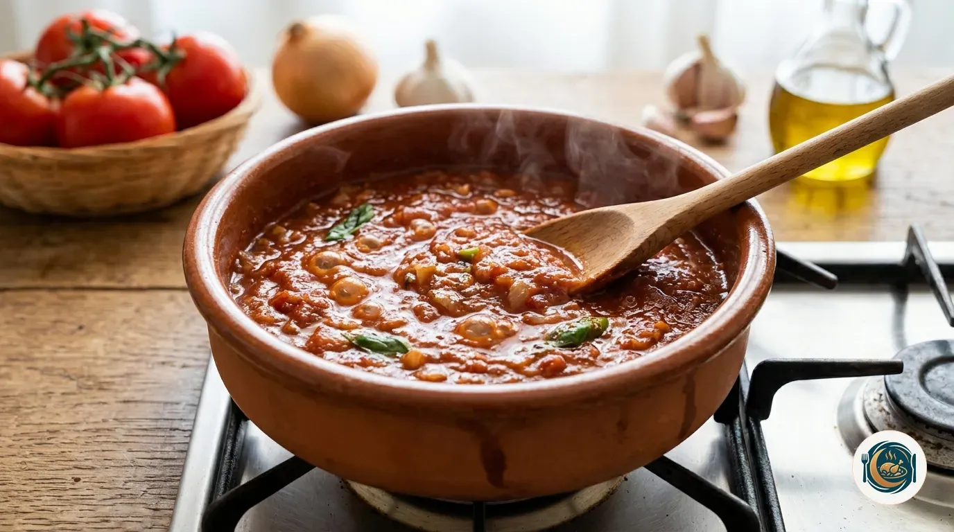 Salsa de tomate cociendo en la cazuela