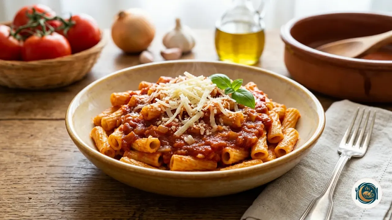 Plato de macarrones con tomate casero espolvoreados con queso curado rallado